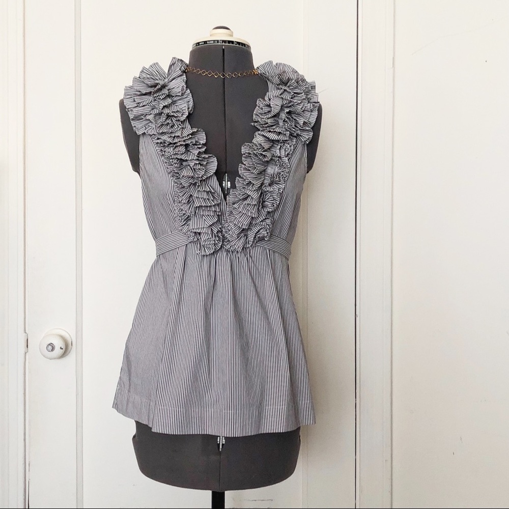🎀5/$25 BCBGMaxAzria Ruffle Collar Striped Sleeveless Top size XS